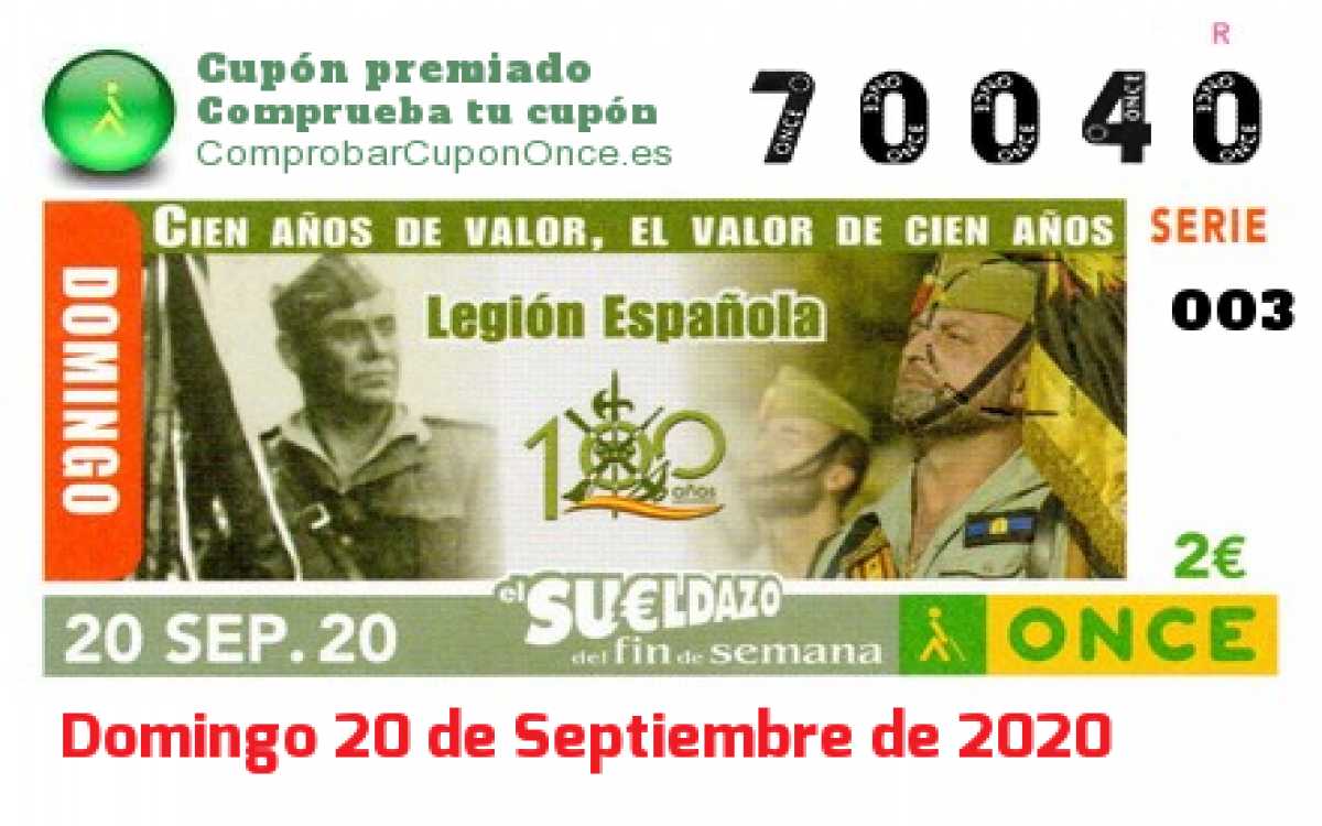 Sueldazo ONCE premiado el Domingo 20/9/2020