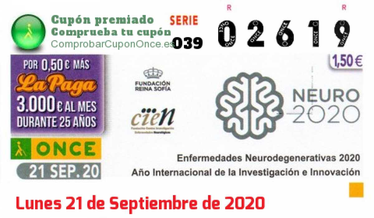 Cupón ONCE premiado el Lunes 21/9/2020