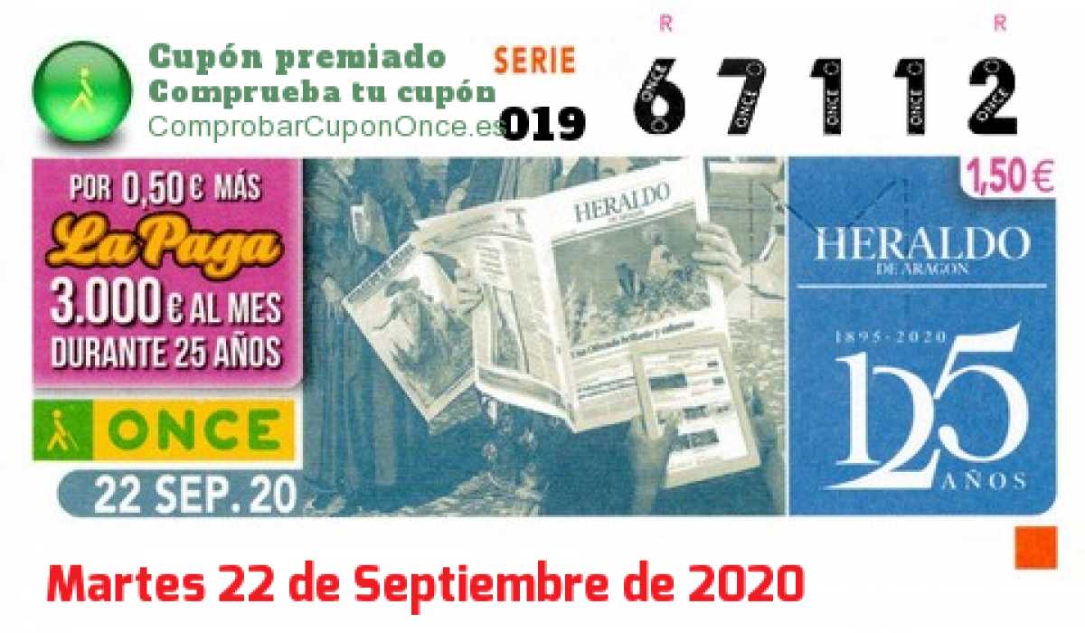 Cupón ONCE premiado el Martes 22/9/2020