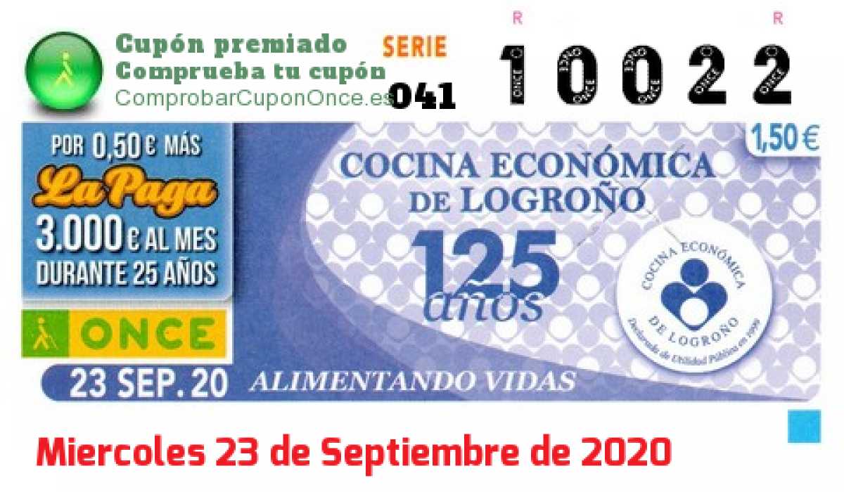 Cupón ONCE premiado el Miercoles 23/9/2020