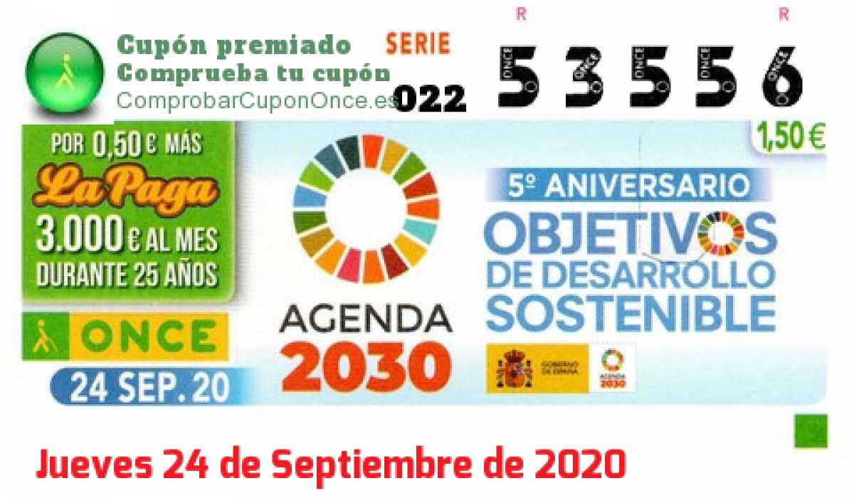 Cupón ONCE premiado el Jueves 24/9/2020