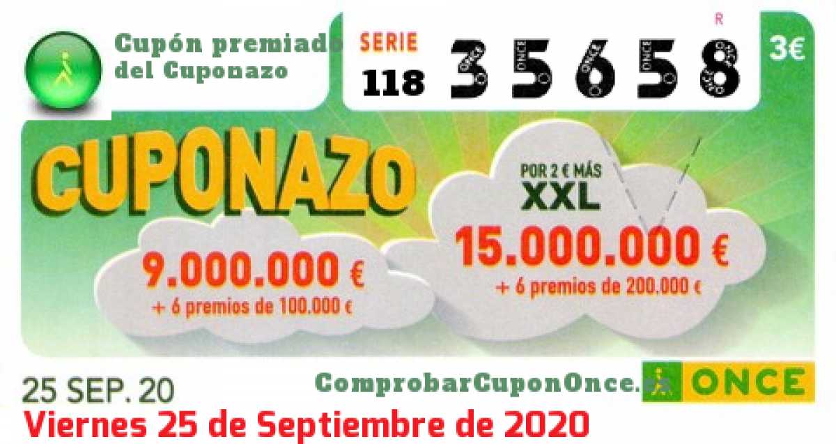 Cuponazo ONCE premiado el Viernes 25/9/2020