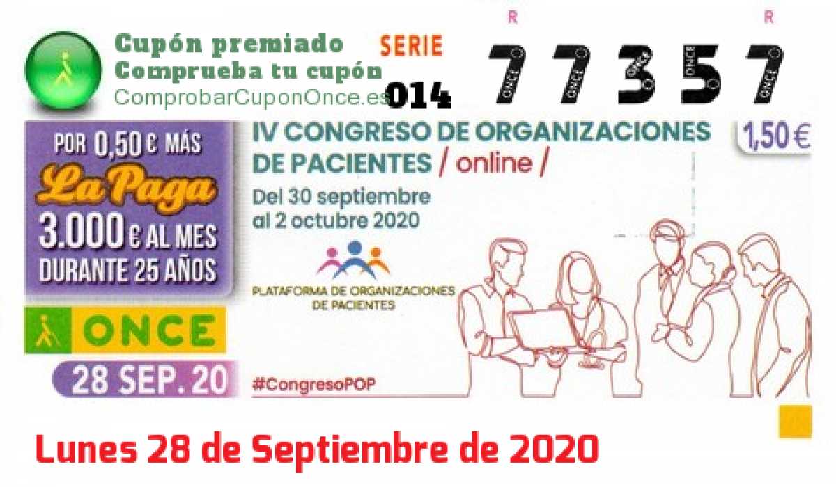 Cupón ONCE premiado el Lunes 28/9/2020