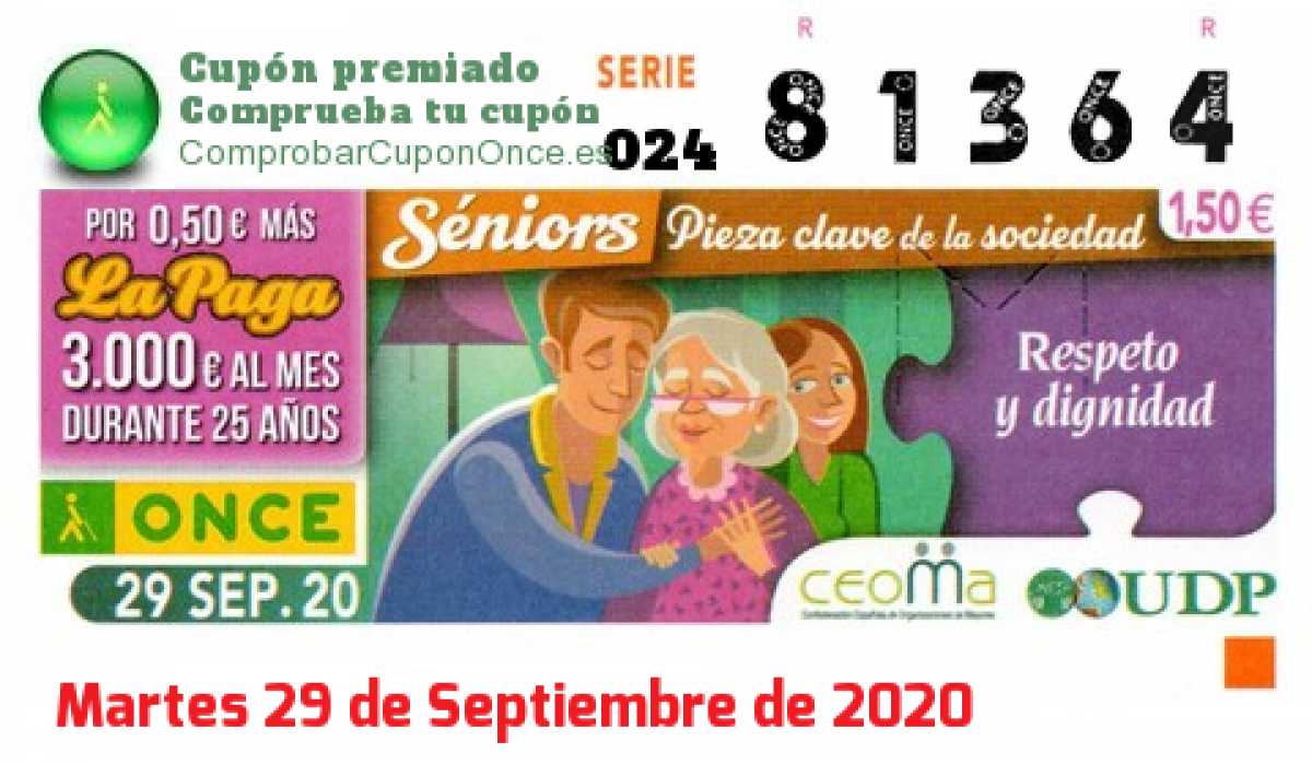 Cupón ONCE premiado el Martes 29/9/2020