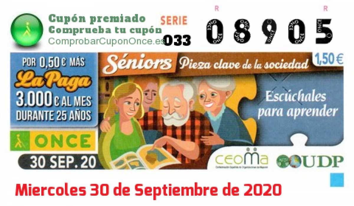Cupón ONCE premiado el Miercoles 30/9/2020