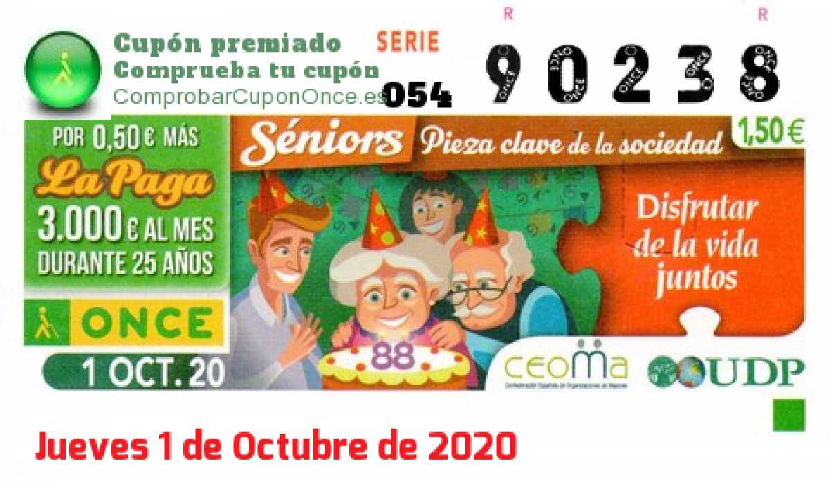 Cupón ONCE premiado el Jueves 1/10/2020