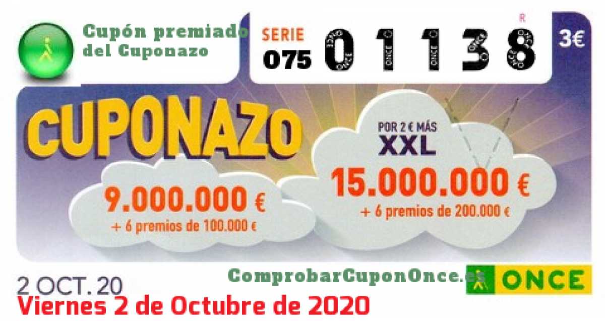 Cuponazo ONCE premiado el Viernes 2/10/2020
