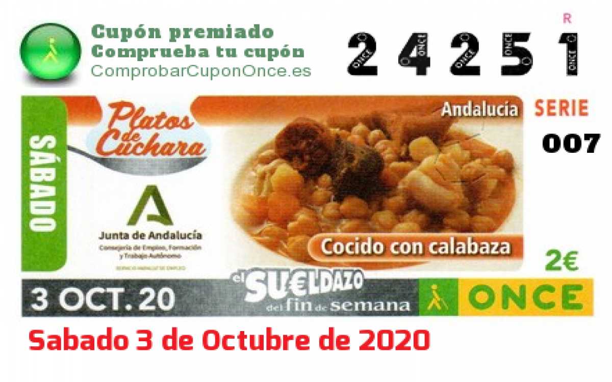 Sueldazo ONCE premiado el Sabado 3/10/2020