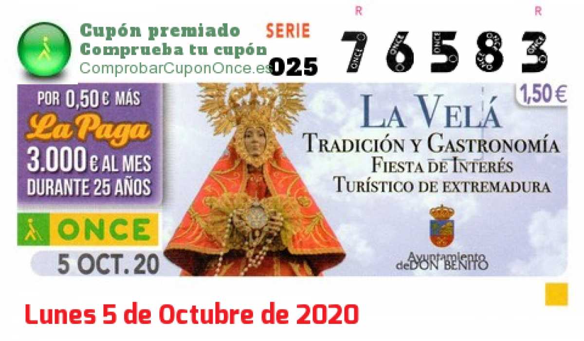 Cupón ONCE premiado el Lunes 5/10/2020