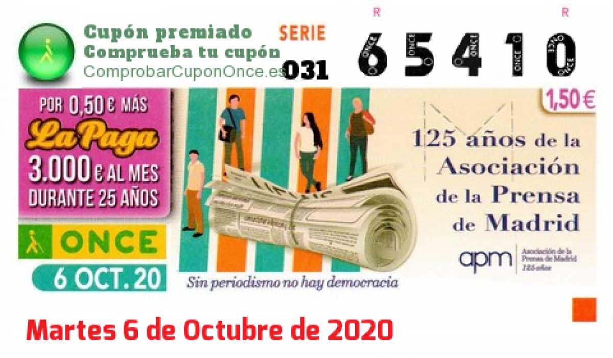 Cupón ONCE premiado el Martes 6/10/2020