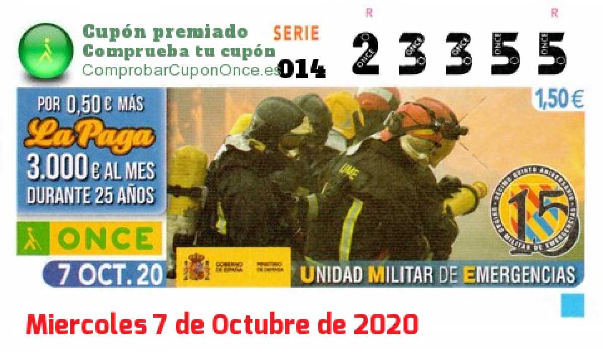 Cupón ONCE premiado el Miercoles 7/10/2020