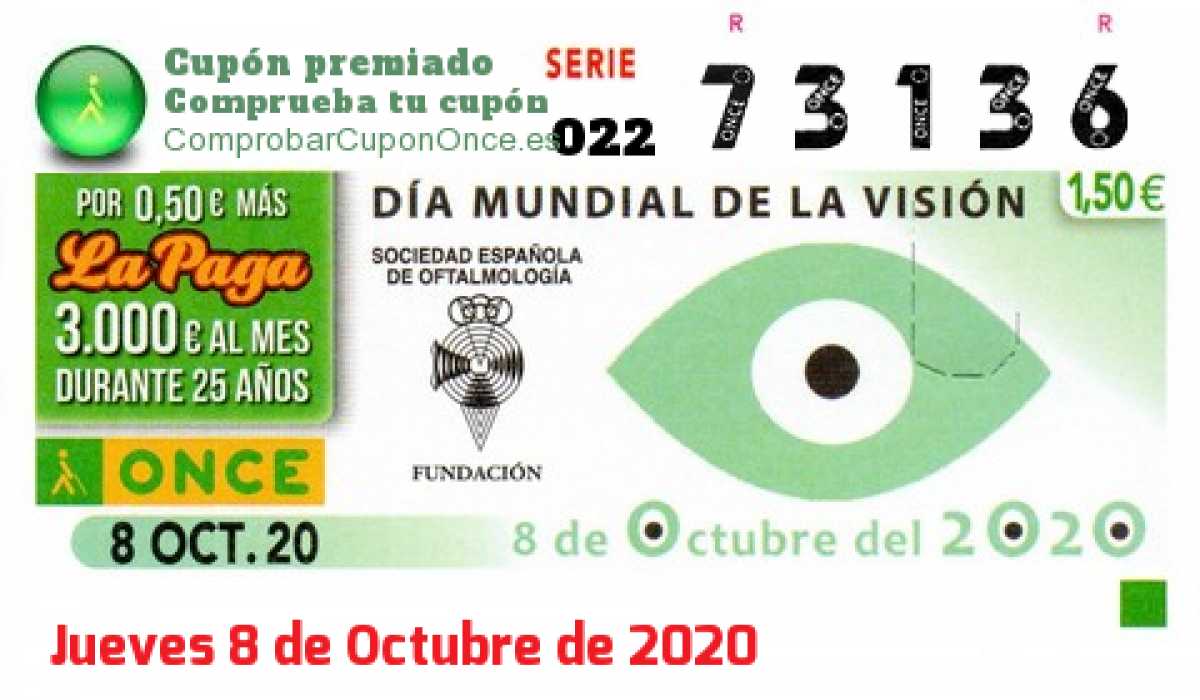 Cupón ONCE premiado el Jueves 8/10/2020