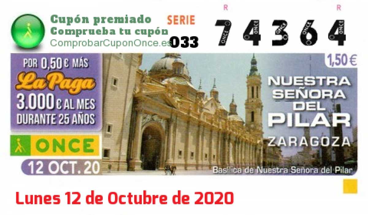 Cupón ONCE premiado el Lunes 12/10/2020