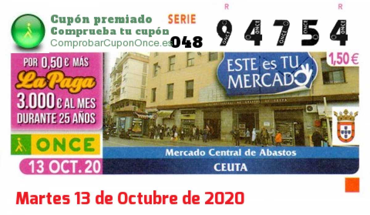 Cupón ONCE premiado el Martes 13/10/2020