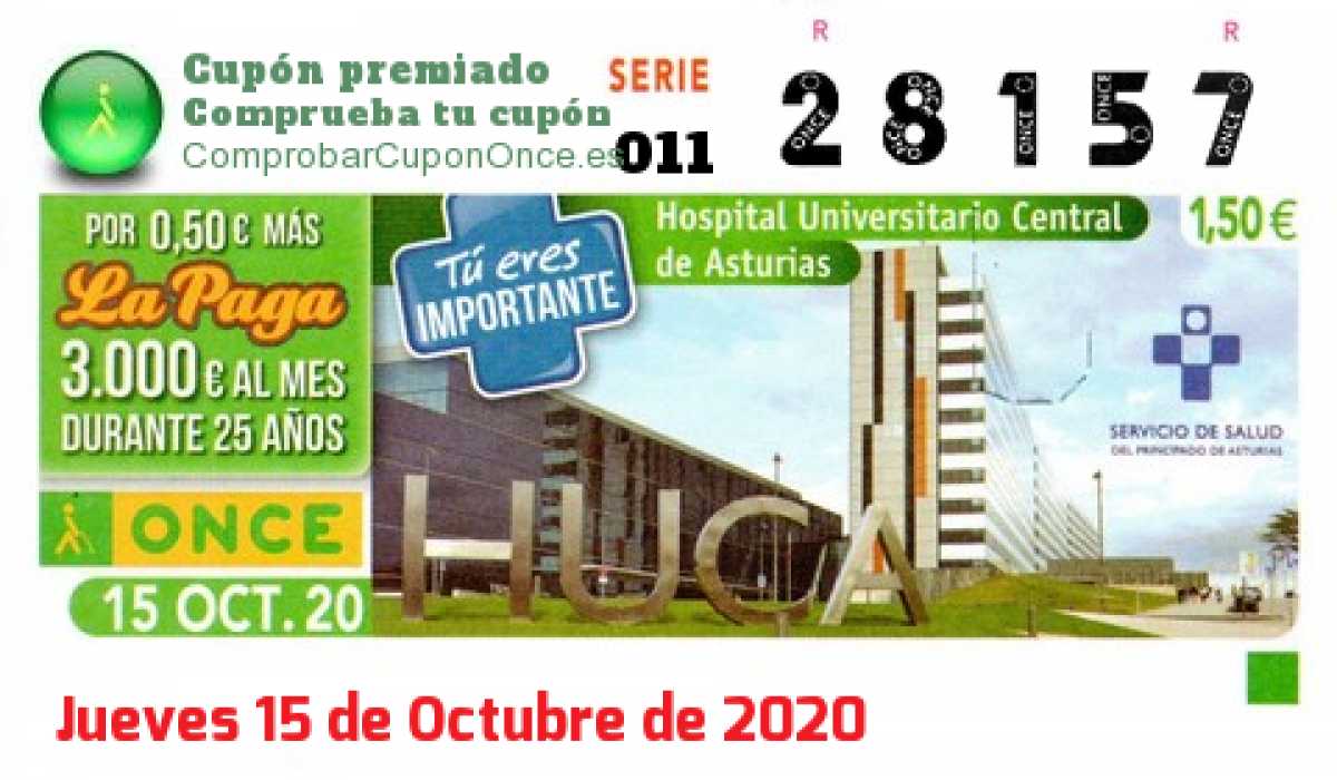 Cupón ONCE premiado el Jueves 15/10/2020