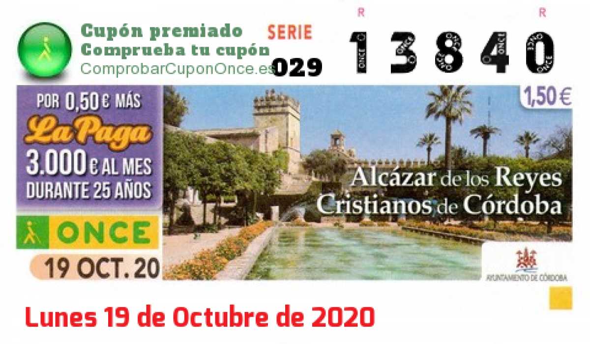 Cupón ONCE premiado el Lunes 19/10/2020