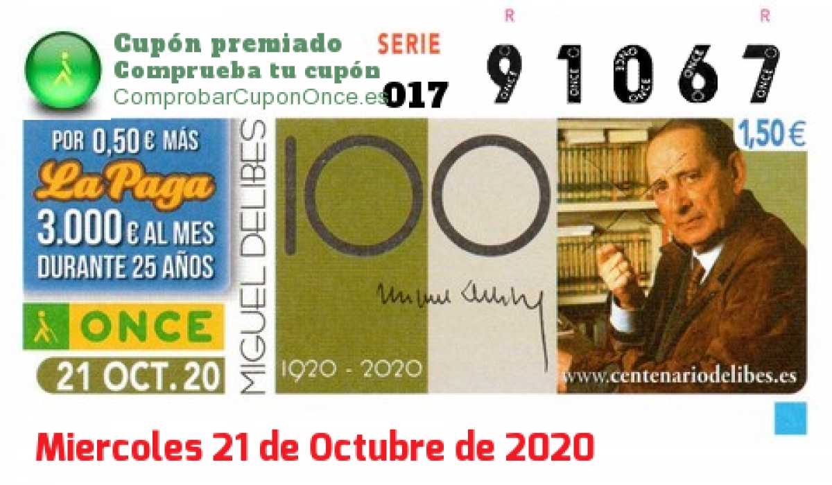 Cupón ONCE premiado el Miercoles 21/10/2020
