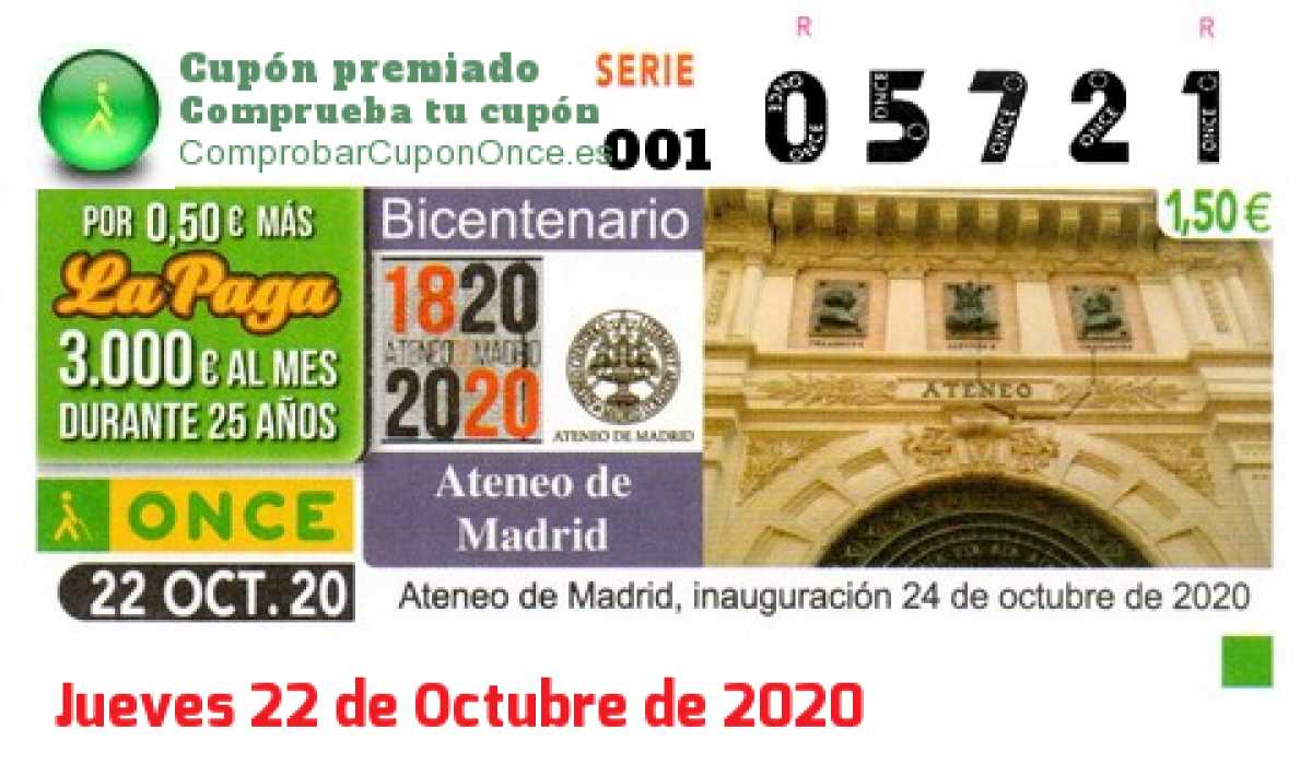 Cupón ONCE premiado el Jueves 22/10/2020