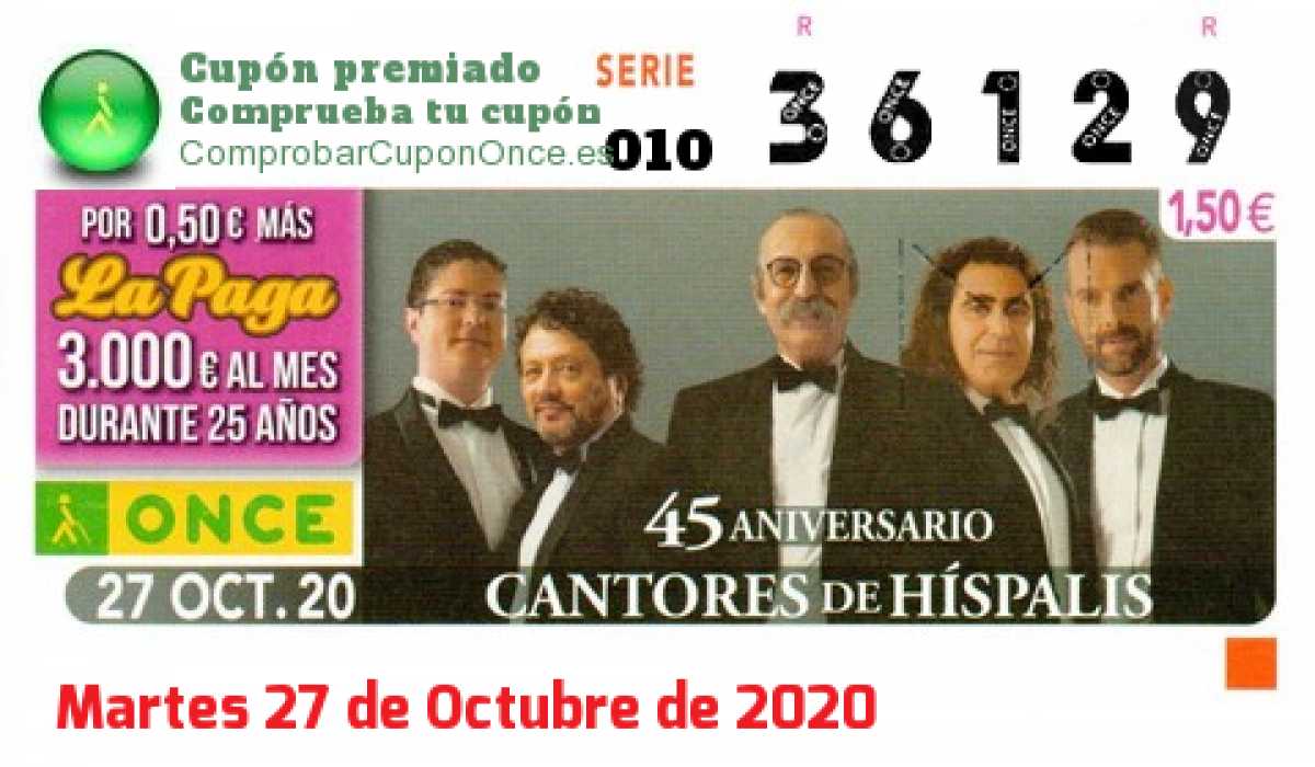 Cupón ONCE premiado el Martes 27/10/2020