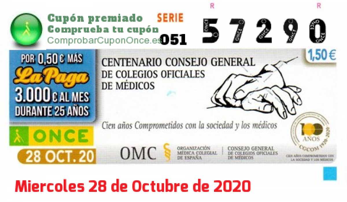 Cupón ONCE premiado el Miercoles 28/10/2020