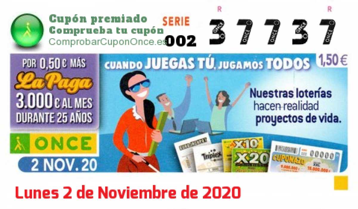 Cupón ONCE premiado el Lunes 2/11/2020