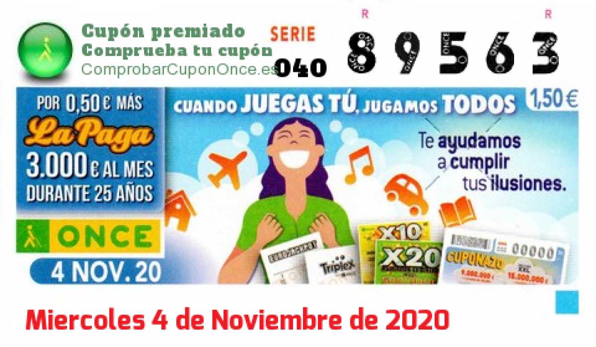 Cupón ONCE premiado el Miercoles 4/11/2020