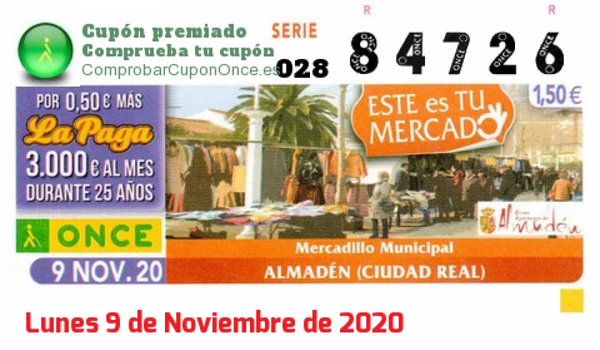 Cupón ONCE premiado el Lunes 9/11/2020