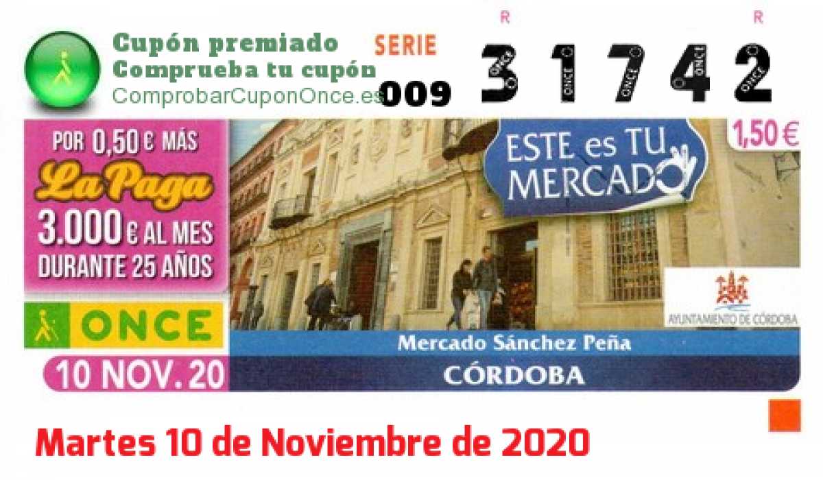 Cupón ONCE premiado el Martes 10/11/2020