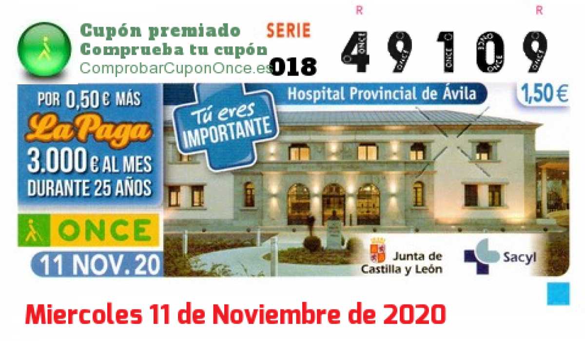 Cupón ONCE premiado el Miercoles 11/11/2020