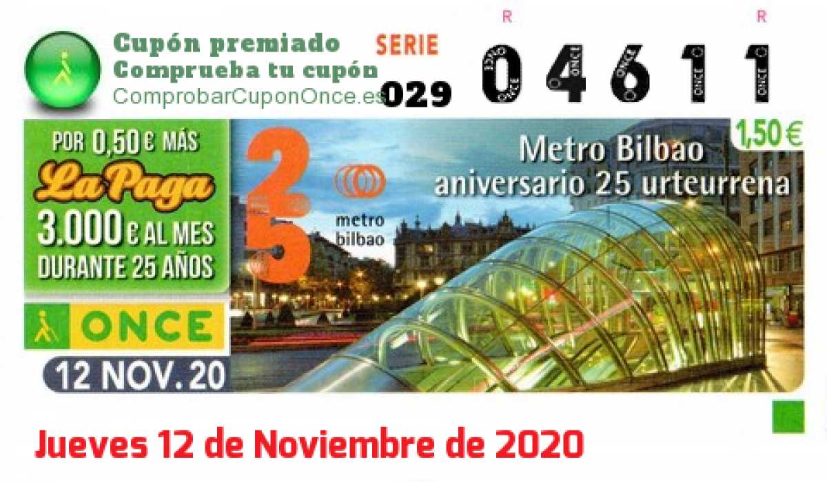 Cupón ONCE premiado el Jueves 12/11/2020