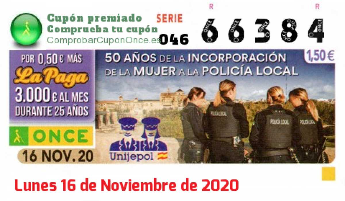 Cupón ONCE premiado el Lunes 16/11/2020