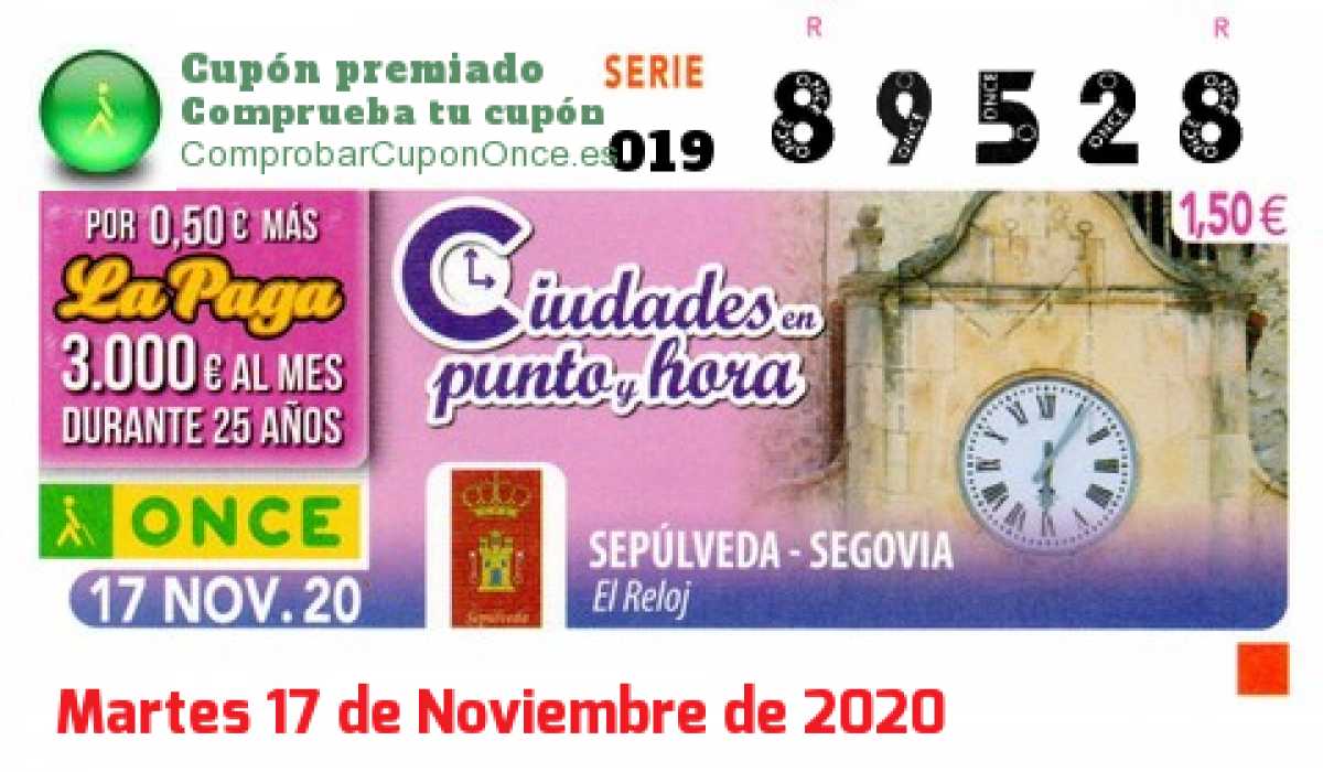 Cupón ONCE premiado el Martes 17/11/2020