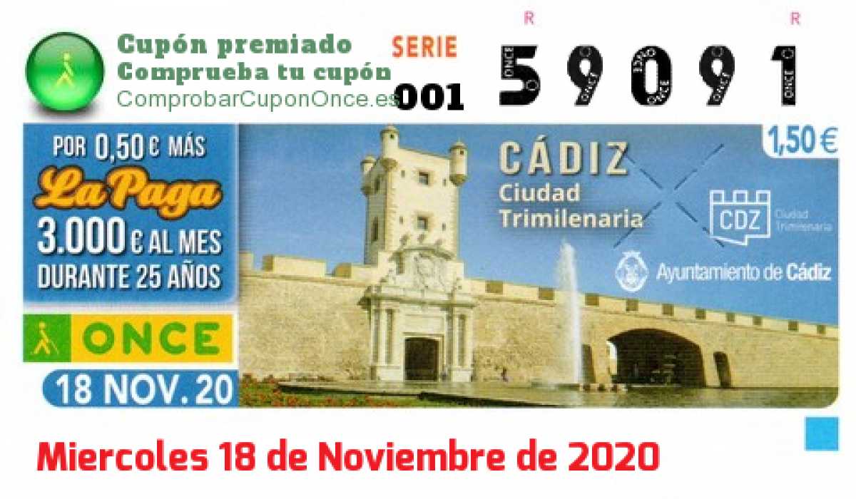 Cupón ONCE premiado el Miercoles 18/11/2020