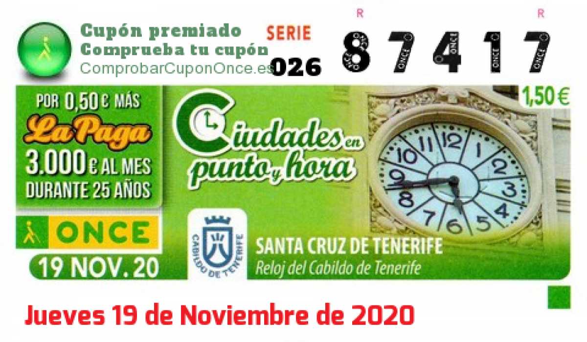 Cupón ONCE premiado el Jueves 19/11/2020