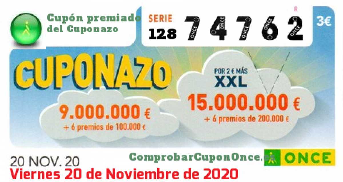 Cuponazo ONCE premiado el Viernes 20/11/2020