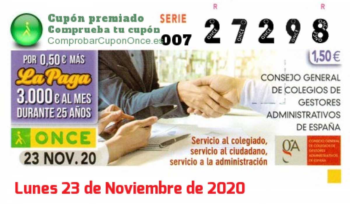 Cupón ONCE premiado el Lunes 23/11/2020