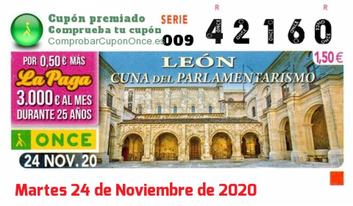 Cupón ONCE premiado el Martes 24/11/2020