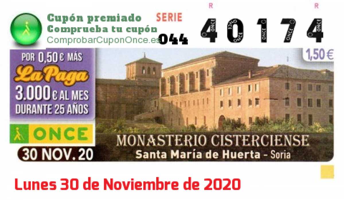 Cupón ONCE premiado el Lunes 30/11/2020