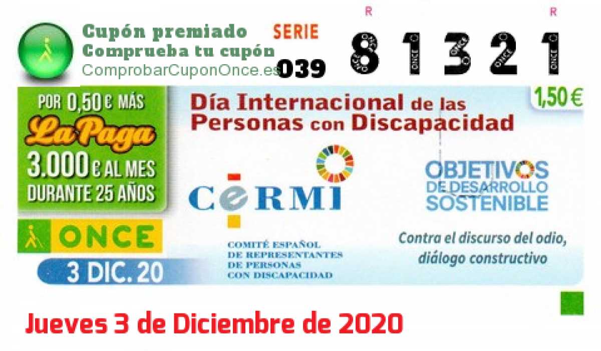 Cupón ONCE premiado el Jueves 3/12/2020