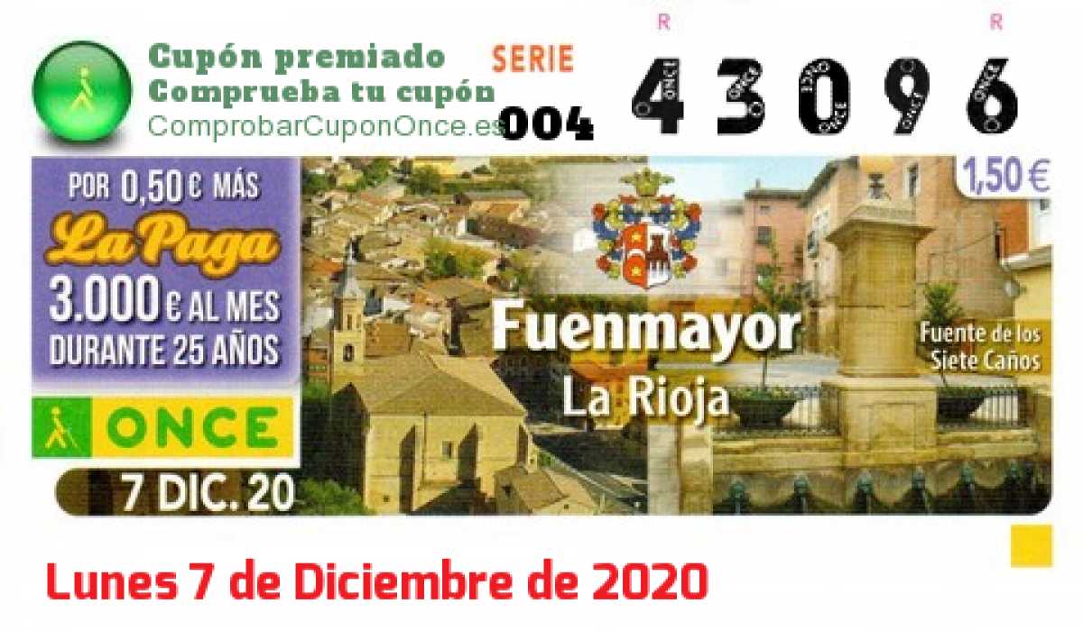 Cupón ONCE premiado el Lunes 7/12/2020