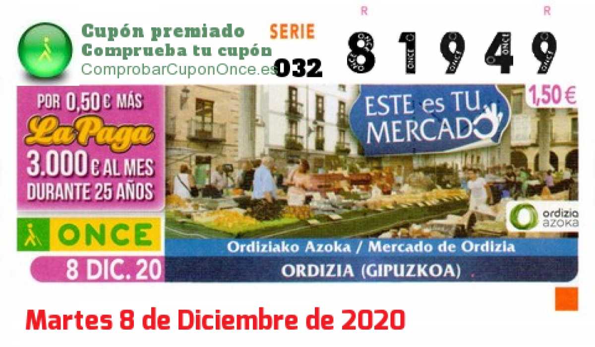 Cupón ONCE premiado el Martes 8/12/2020