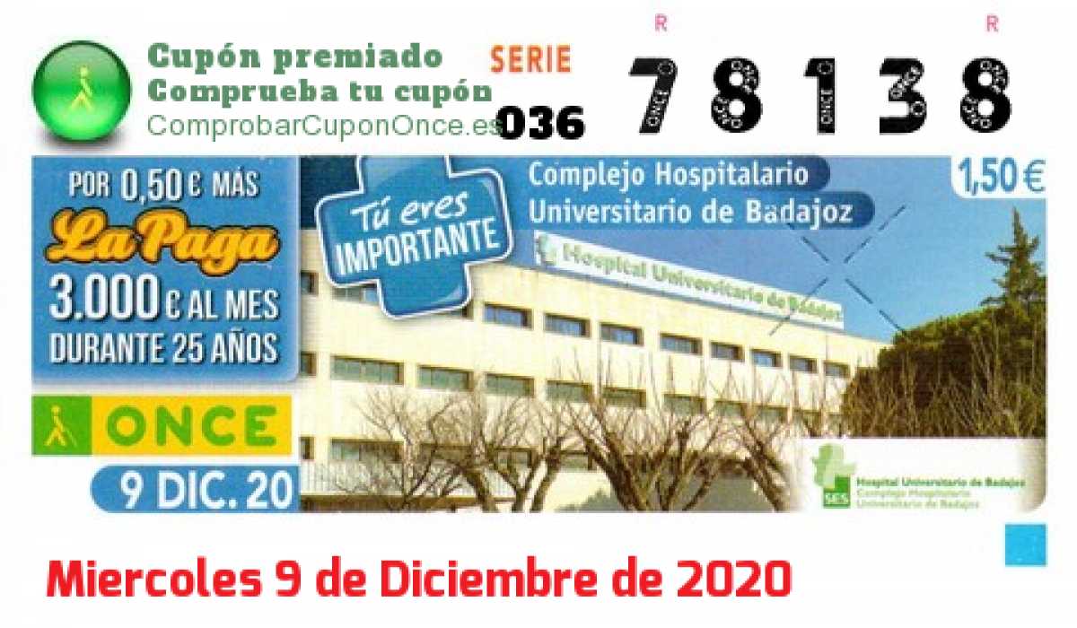 Cupón ONCE premiado el Miercoles 9/12/2020