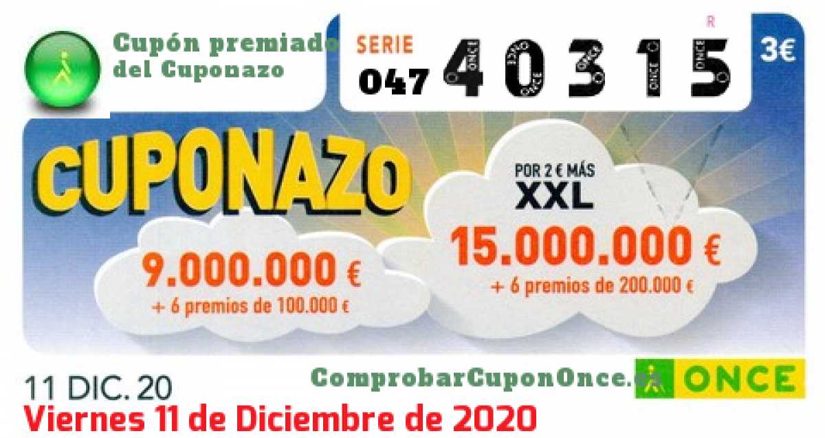 Cuponazo ONCE premiado el Viernes 11/12/2020