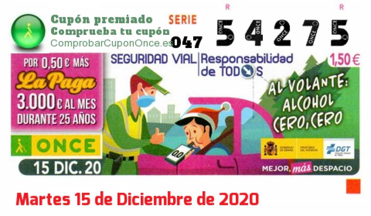 Cupón ONCE premiado el Martes 15/12/2020