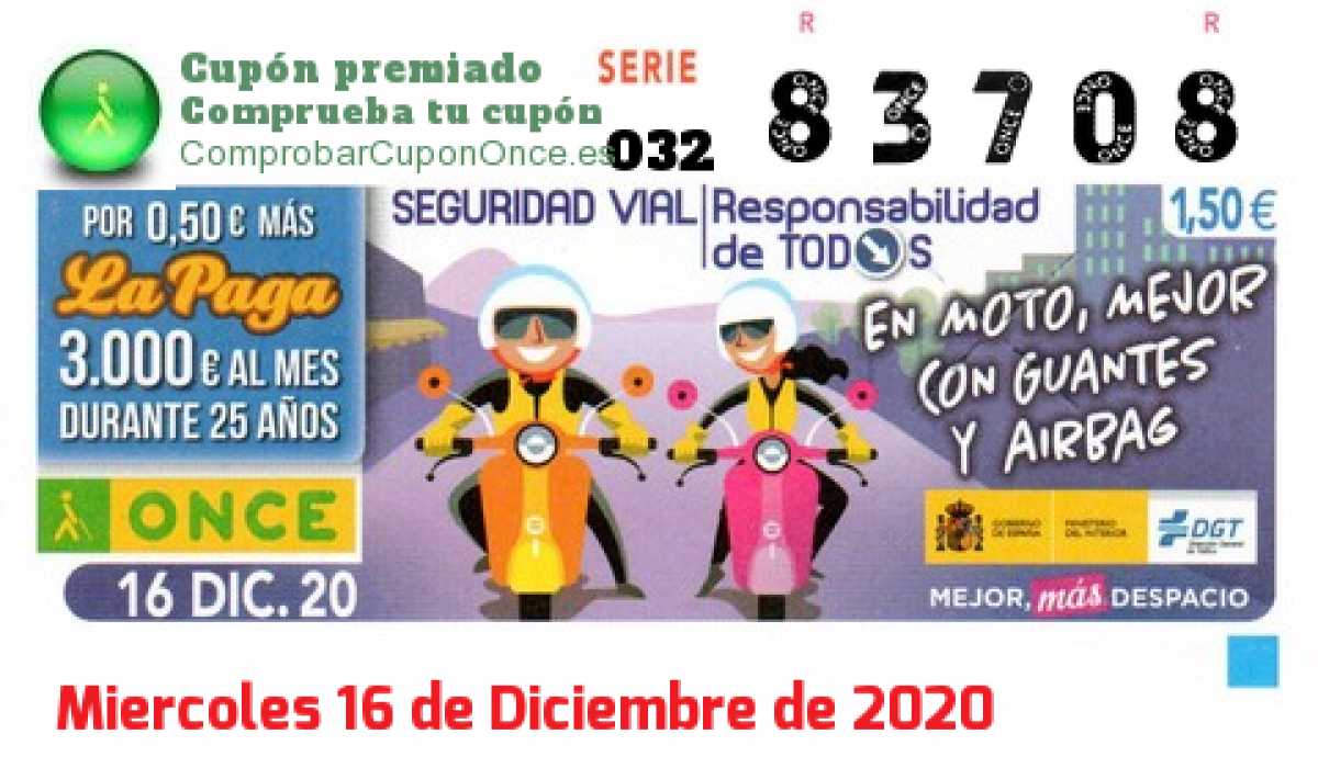 Cupón ONCE premiado el Miercoles 16/12/2020