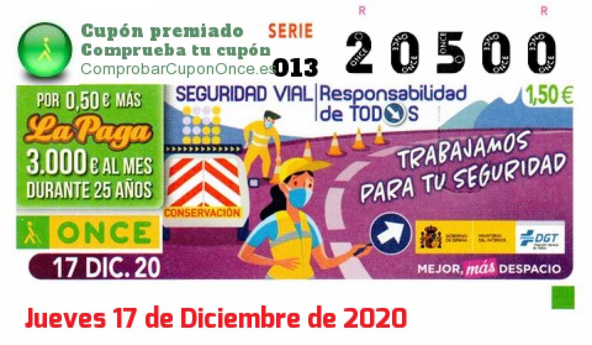 Cupón ONCE premiado el Jueves 17/12/2020