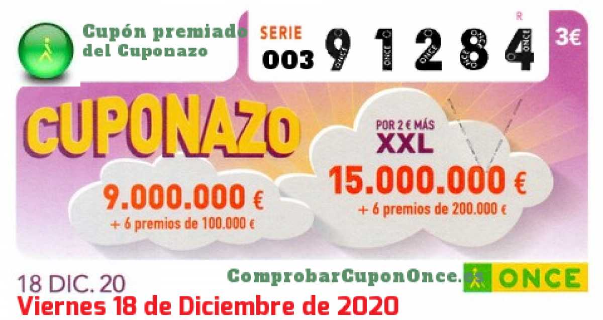 Cuponazo ONCE premiado el Viernes 18/12/2020