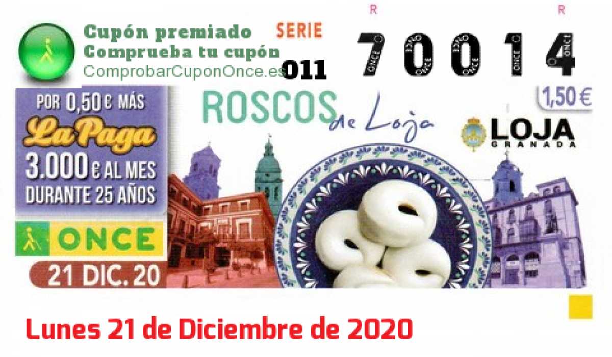 Cupón ONCE premiado el Lunes 21/12/2020