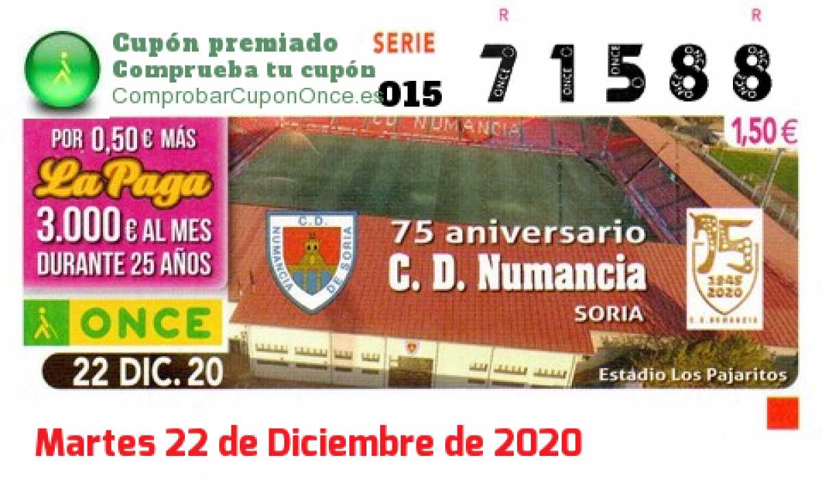 Cupón ONCE premiado el Martes 22/12/2020