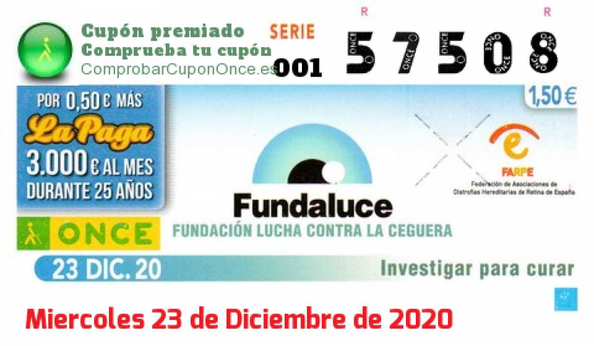 Cupón ONCE premiado el Miercoles 23/12/2020